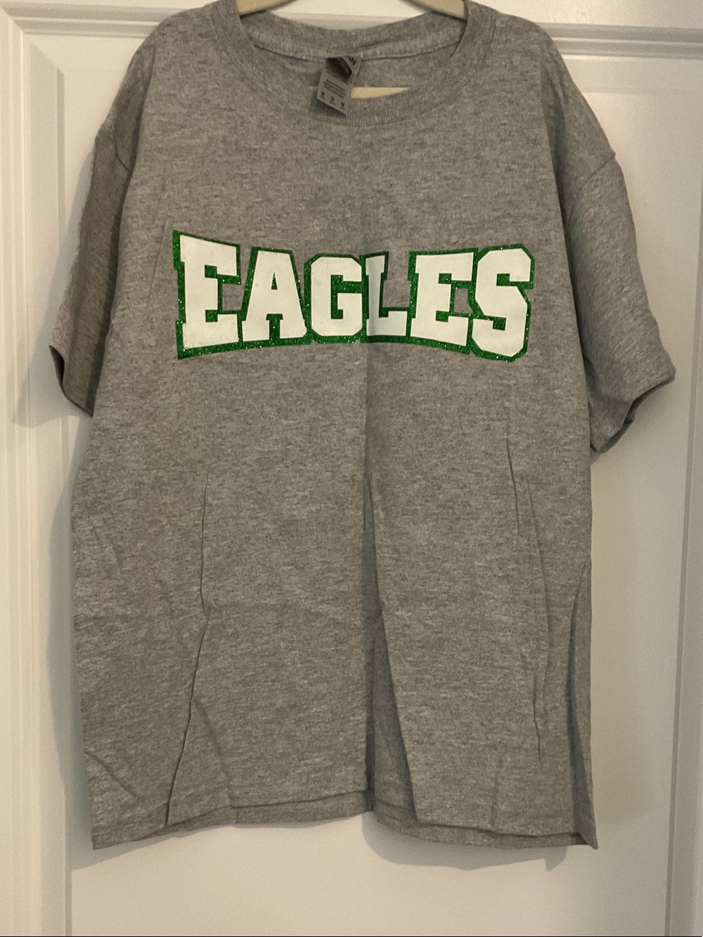 Gildan Gray Crewneck Tee with White 'EAGLES' and Green Outline
